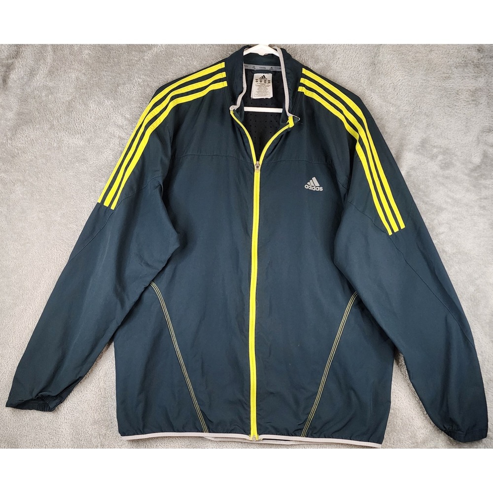 Adidas Running Jacket Mens XL Teal Neon Yellow Perforated Back Full Zip Striped